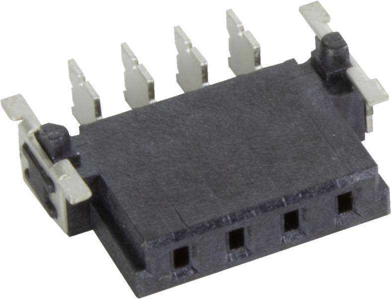 Ein rechteckiger, schwarzer elektronischer Bauteil mit fünf Metallstiften und einer Steckverbindung auf jeder Seite.