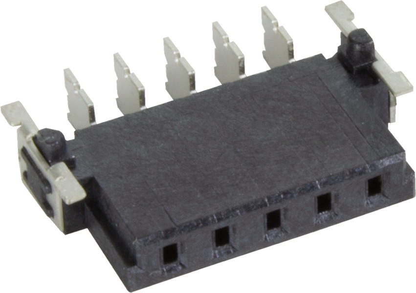 Ein schwarzer sechspoliger elektronischer Steckverbinder in Nahaufnahme, liegend auf einer weißen Oberfläche.