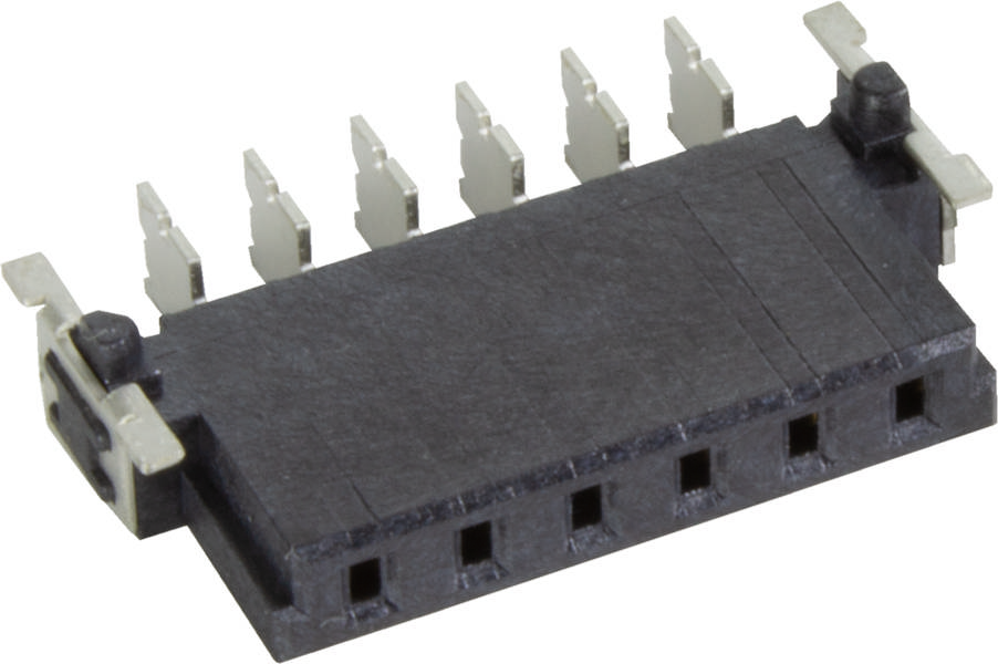 Schwarzer 8-poliger Stecker für elektronische Bauteile, geeignet für Platinenmontage, mit silbernen Kontakten an beiden Enden.