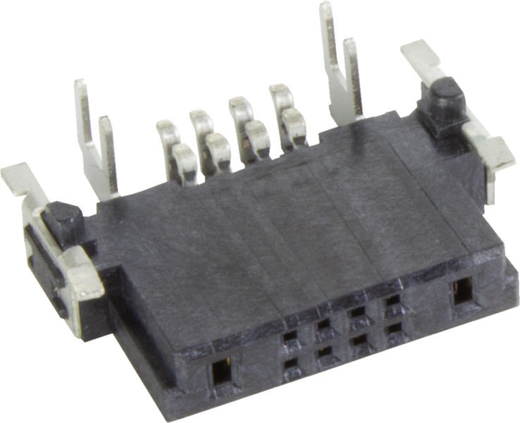 Ein schwarzer elektronischer Steckverbinder mit mehreren Steckplätzen und Metallstiften, geeignet für Leiterplattenanschlüsse.