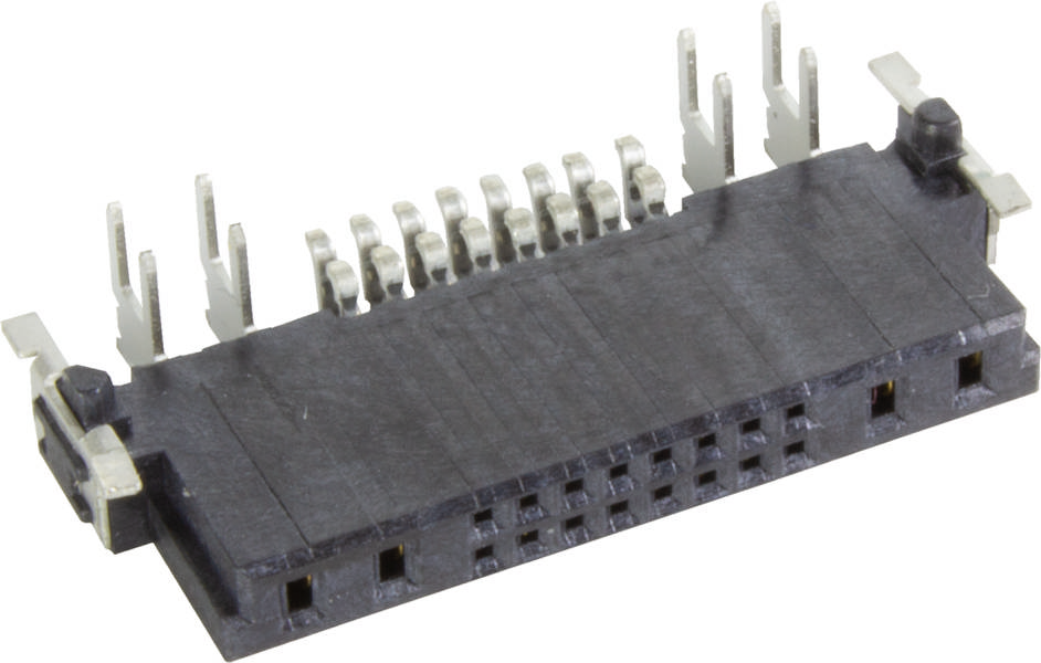 Ein schwarzer, flacher elektrischer Stecker mit mehreren Metallanschlüssen an der Oberseite.