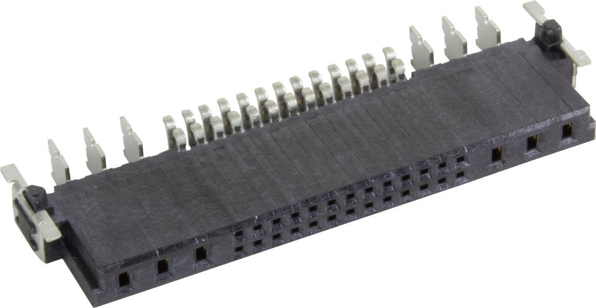 Ein schwarzer elektrischer Stecker mit mehreren silbernen Pins, typischerweise verwendet für elektronische Verbindungen auf Platinen.