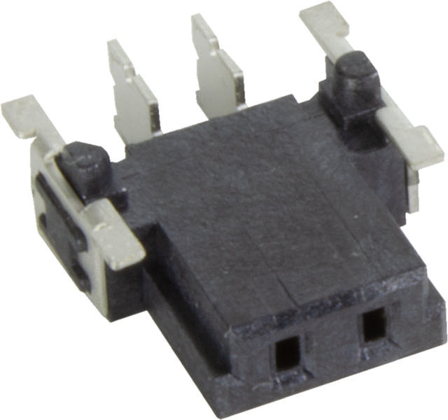 Ein schwarzer, rechteckiger elektrische Schalter mit zwei Metallanschlüssen und zwei Kunststoffstäben auf der Oberseite.