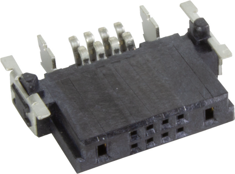 Flacher, schwarzer elektronischer Steckverbinder mit sechs Metallpins, geeignet für Leiterplattenmontage in elektronischen Geräten.
