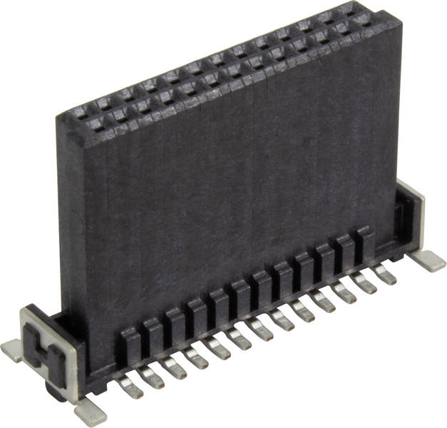 Rechteckiger elektrischer Stecker mit mehreren Kontaktstiften für die Verbindung von elektronischen Bauteilen.
