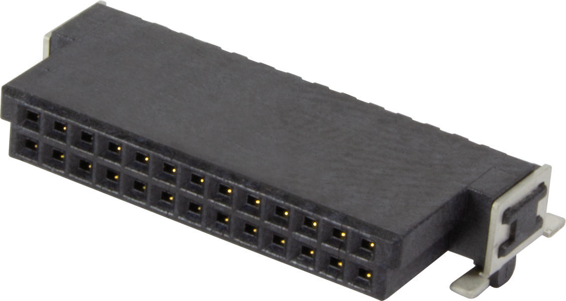 Ein schwarzer, rechteckiger Steckverbinder mit mehreren Metallkontakten, geeignet für elektronische Schaltungen und Geräte.