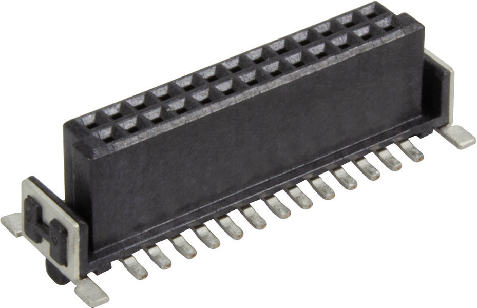 Ein schwarzer elektrischer Steckverbinder mit mehrreihigen Anschlusspins, geeignet für elektronische Schaltungen.