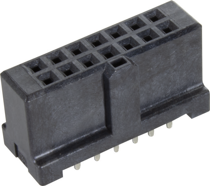 Ein schwarzer elektrischer Steckverbinder mit zwölf quadratischen Eingängen und metallischen Kontaktstiften an der Unterseite.