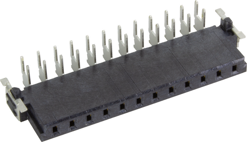 Ein schwarzer Elektronikstecker mit mehreren Metallstiften, die nach oben zeigen. Geeignet für elektronische Verbindungen.