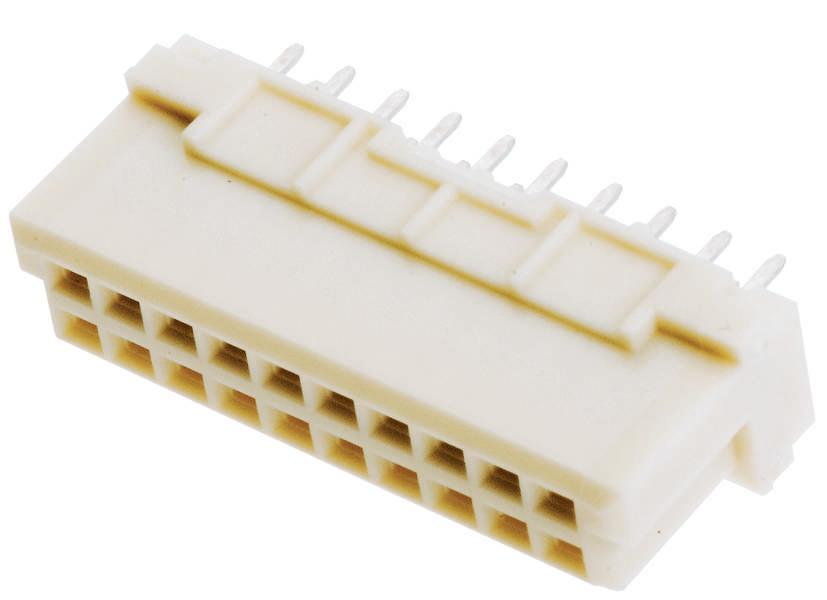 Ein weißer elektrischer Steckverbinder mit 16 Pins in zwei Reihen, in einer abgeschrägten Oberflächenansicht gezeigt.