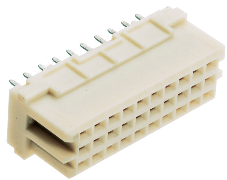 Ein weißer elektrischer Stecker mit mehreren Pins, rechteckig und horizontal ausgerichtet, für elektronische Verbindungen geeignet.