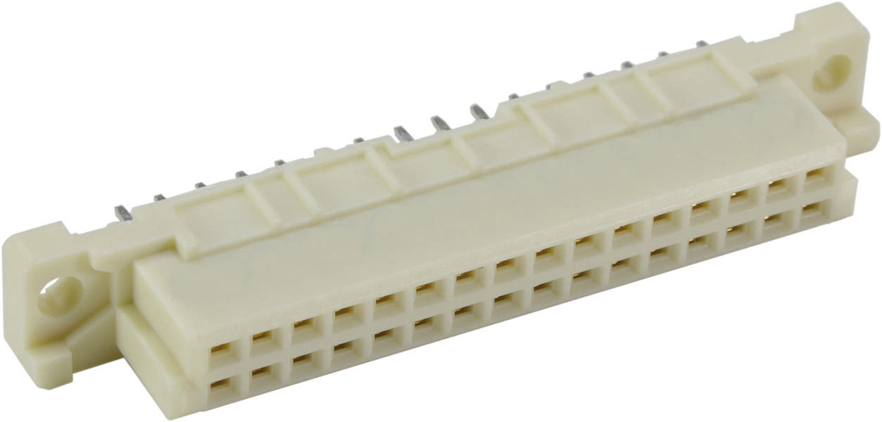 Ein 30-poliger Steckverbinder, meist verwendet für elektronische oder industrielle Anwendungen. Beige Kunststoff mit Metallkontakten.
