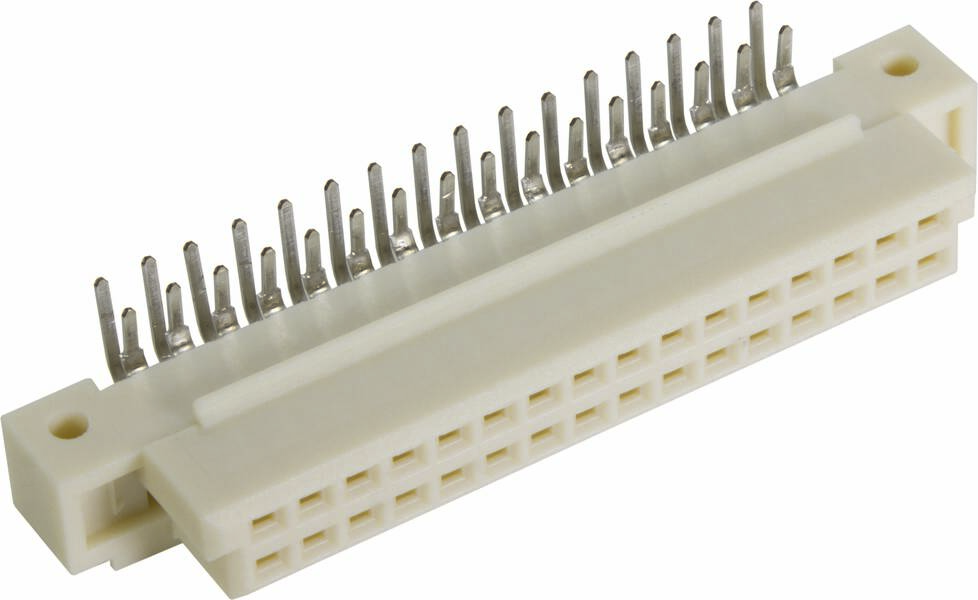 Ein weißer Steckverbinder mit mehreren Metallpins, die aus einem rechteckigen Kunststoffgehäuse herausragen.