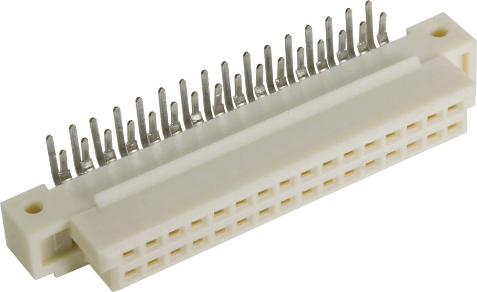 Ein weißer Steckverbinder mit mehreren Metallpins, die aus einem rechteckigen Kunststoffgehäuse herausragen.