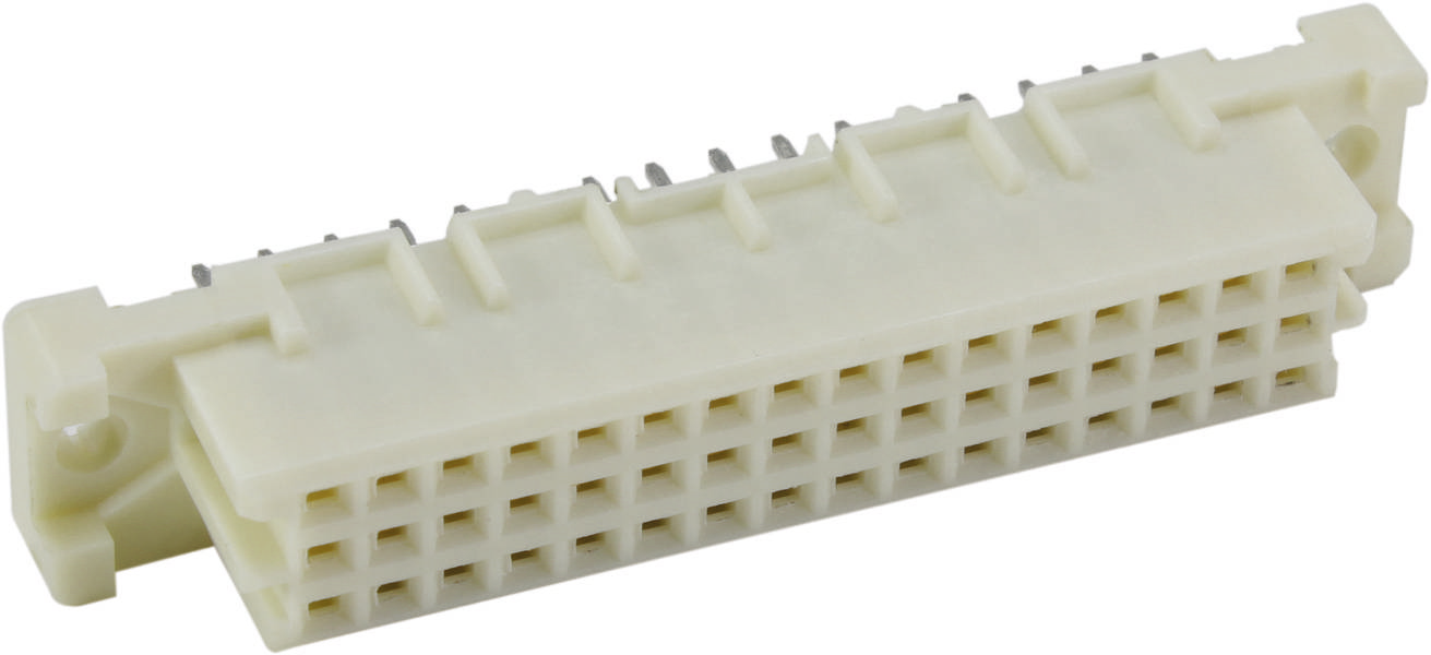 Ein cremeweißer, rechteckiger elektronischer Steckverbinder mit mehreren Reihen von Metallkontakten.