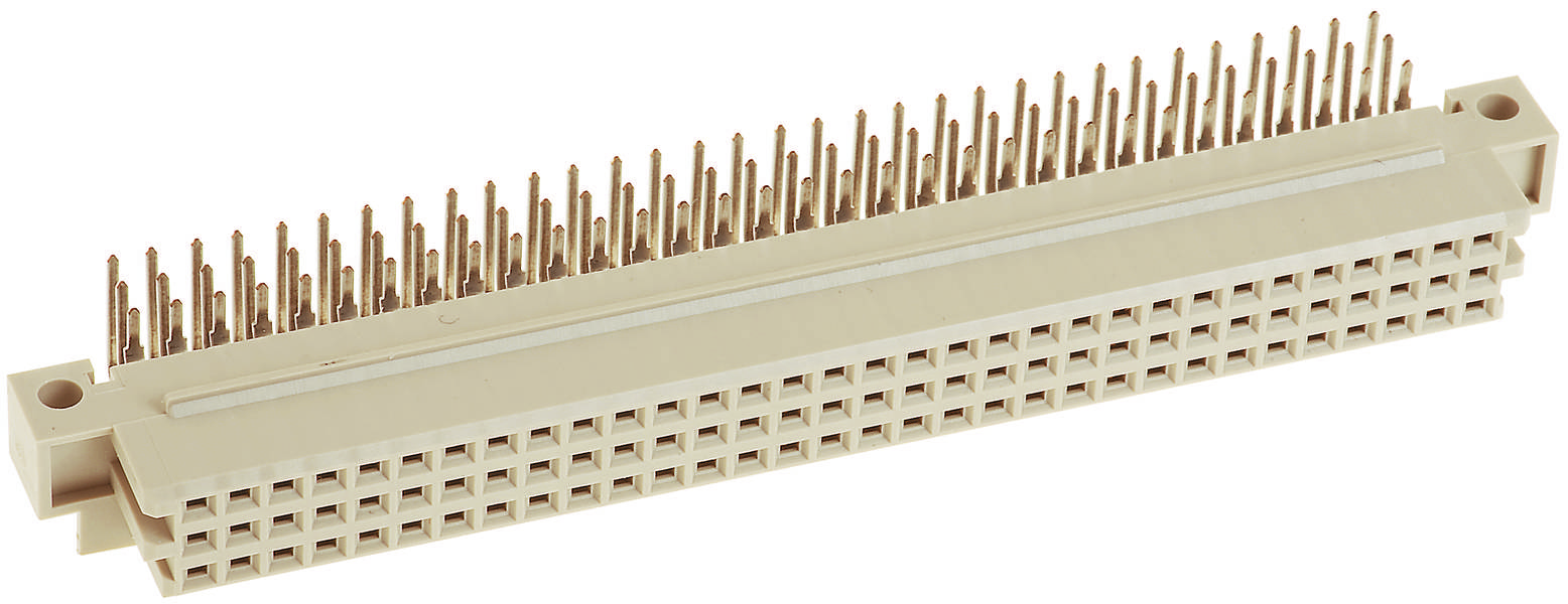 Ein rechteckiger, beige Steckverbinder mit vielen Metallstiften.