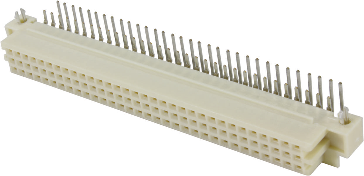 Ein Computersteckverbinder mit vielen Metallstiften und zwei parallelen Reihen von Anschlussbuchsen, die eine elektronische Verbindung ermöglichen.