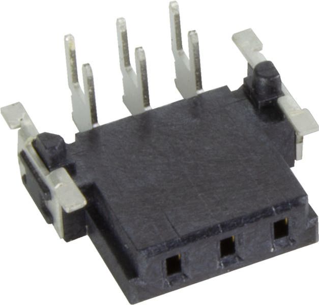 Ein schwarzer, rechteckiger elektrischer Steckverbinder mit mehreren Metallpins, die senkrecht herausstehen. Geeignet für elektronische Geräte.