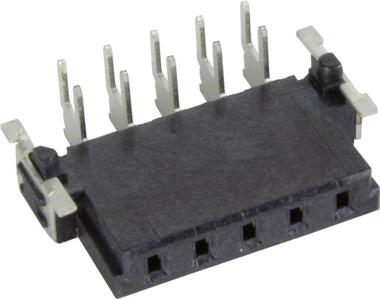 Steckverbinder mit sechs Stiften, geeignet für Leiterplattenverbindungen in elektronischen Geräten. Rechteckige Form, seitliche Befestigungen.