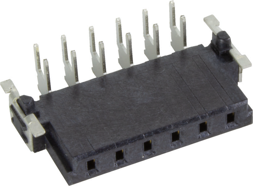 Ein flacher, schwarzer elektronischer Steckverbinder mit sechs offenen Anschlussstellen und acht Metallstiften zur Montage oder Verbindung.