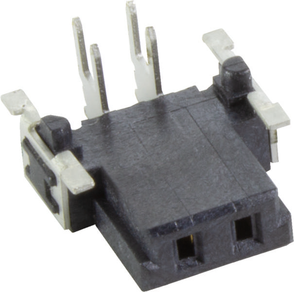 Schwarze Steckverbindung aus Kunststoff mit drei Metallstiften, vermutlich ein elektrischer Schalter, in einem Winkel fotografiert.