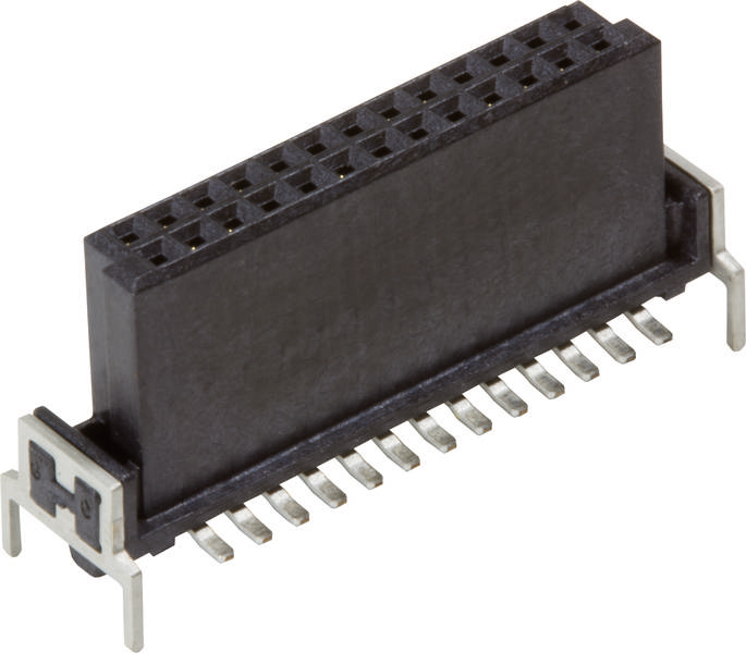 Ein schwarzer Steckverbinder mit mehreren Metallanschlüssen auf der Unterseite, geeignet für elektronische Schaltungen.