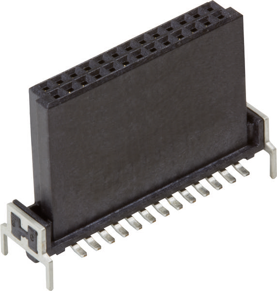 Ein schwarzer Steckverbinder mit mehreren Pins für elektronische Verbindungen, geeignet für Leiterplattenmontage.