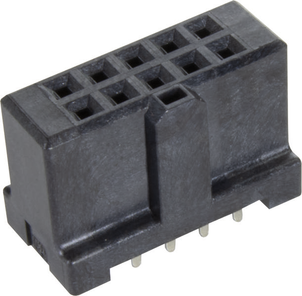 Schwarzer Kunststoffstecker mit mehreren quadratischen Buchsen auf der Oberseite und metallischen Anschlussstiften auf der Unterseite.