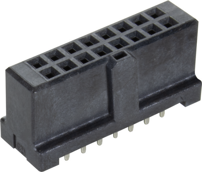 Schwarzer elektrischer Steckverbinderblock mit mehreren Pins, rechteckiger Form und Gittermuster oben, auf weißem Hintergrund.