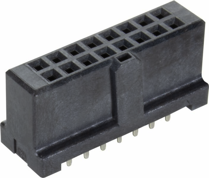 Elektronischer Steckverbinder mit 16 rechteckigen Buchsen in zwei Reihen, schwarzes Gehäuse, auf einem weißen Hintergrund.