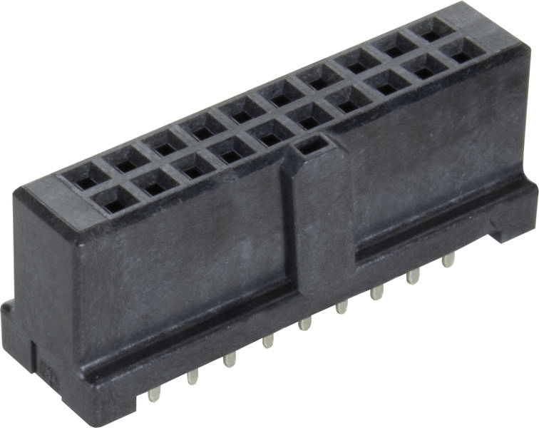 Schwarzer Stecker mit mehreren Pins in einer rechteckigen Anordnung, geeignet für elektronische Verbindungen und Schaltkreise.