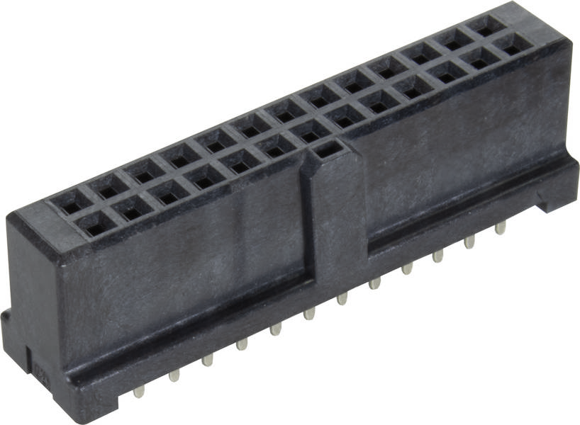 Steckverbinder mit rechteckiger schwarzer Hülle und mehreren Metallpins an der Unterseite, für elektronische Verbindungen.