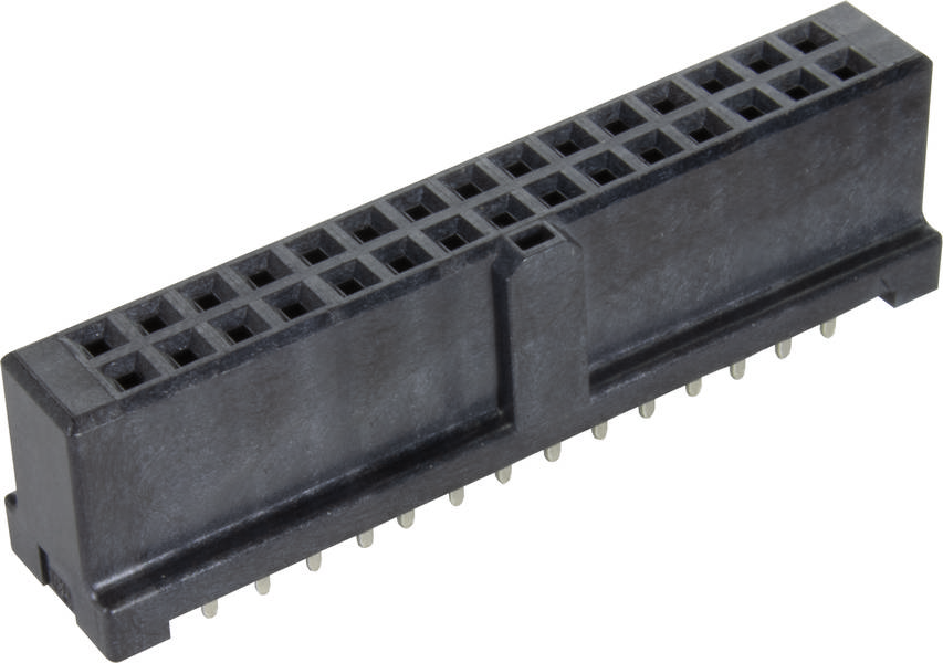 Ein schwarzer, rechteckiger Steckverbinder mit zwei Reihen von Kontaktstiften, geeignet für elektronische Platinen.