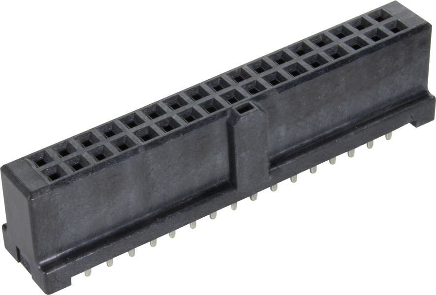 Ein schwarzer 40-Pin-Steckverbinder mit rechteckigem Gehäuse und abgehenden Stiften, typischerweise für elektronische Geräte verwendet.