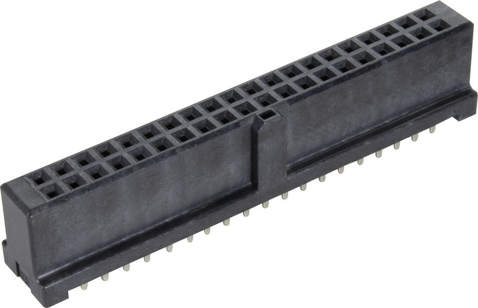 Schwarzer Steckverbinder mit mehreren rechteckigen Kontaktöffnungen, verwendet für elektronische Verbindungen auf Leiterplatten.