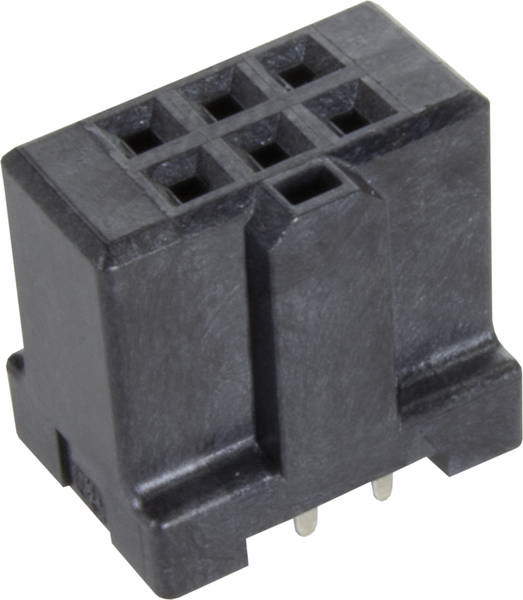 Ein schwarzer Kunststoffstecker mit sechs quadratischen Löchern oben und zwei Metallstiften unten für elektrische Verbindungen.