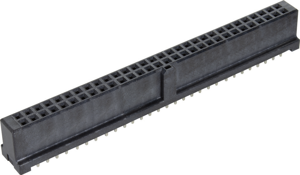 Ein schwarzer Steckverbinder mit zwei Reihen von 40 Pins, verwendet zur Verbindung von elektronischen Geräten oder Komponenten.