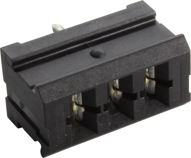 Ein schwarzer elektrischer Steckverbinder mit zwei Metallkontakten und geometrischem Gehäuse. Geeignet für elektronische Verbindungen.