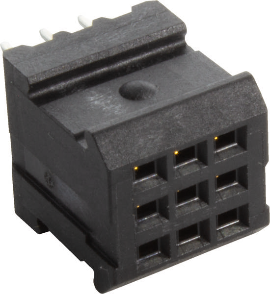 Ein schwarzer 12-poliger elektrischer Steckverbinder in quadratischer Bauform, geeignet zum Verbinden von Schaltungen auf einer Leiterplatte.