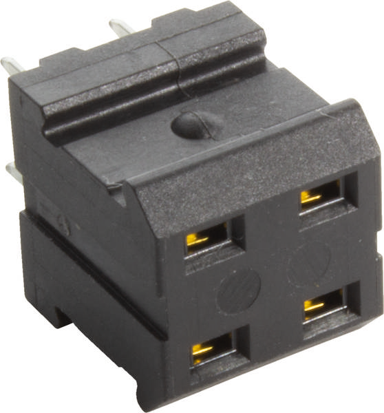 Schwarzer elektrischer Vierfach-Schalter mit goldfarbenen Kontakten und zwei Anschlussstiften, für elektronische Anwendungen.