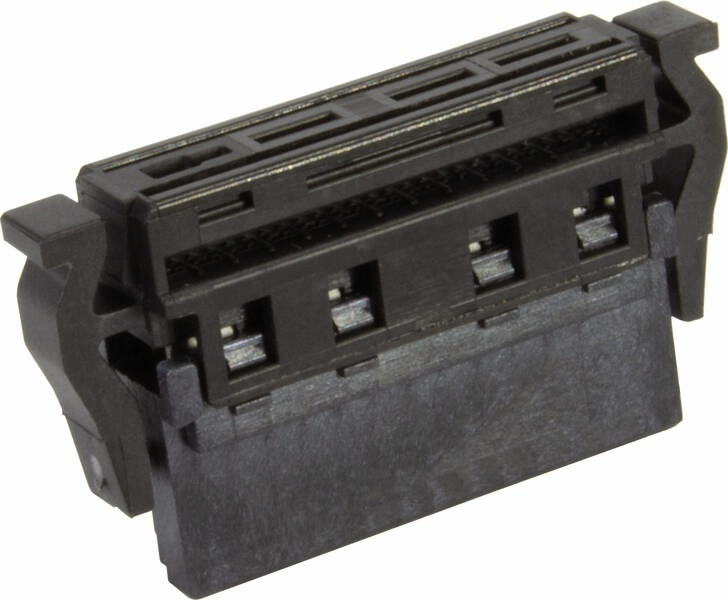 Ein schwarzer elektronischer Steckverbinder mit mehreren Kontakten, der für den Anschluss von Platinen verwendet wird.