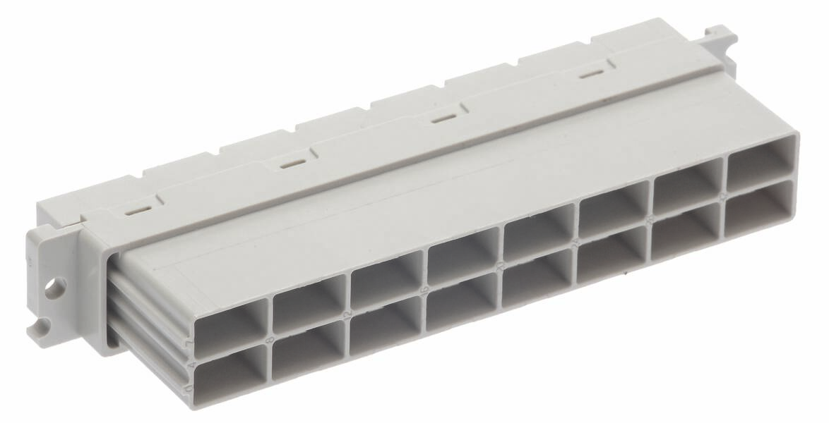Ein grauer Steckverbinder, rechteckig mit mehreren quadratischen Öffnungen, verwendet in elektronischen oder elektrotechnischen Anwendungen.