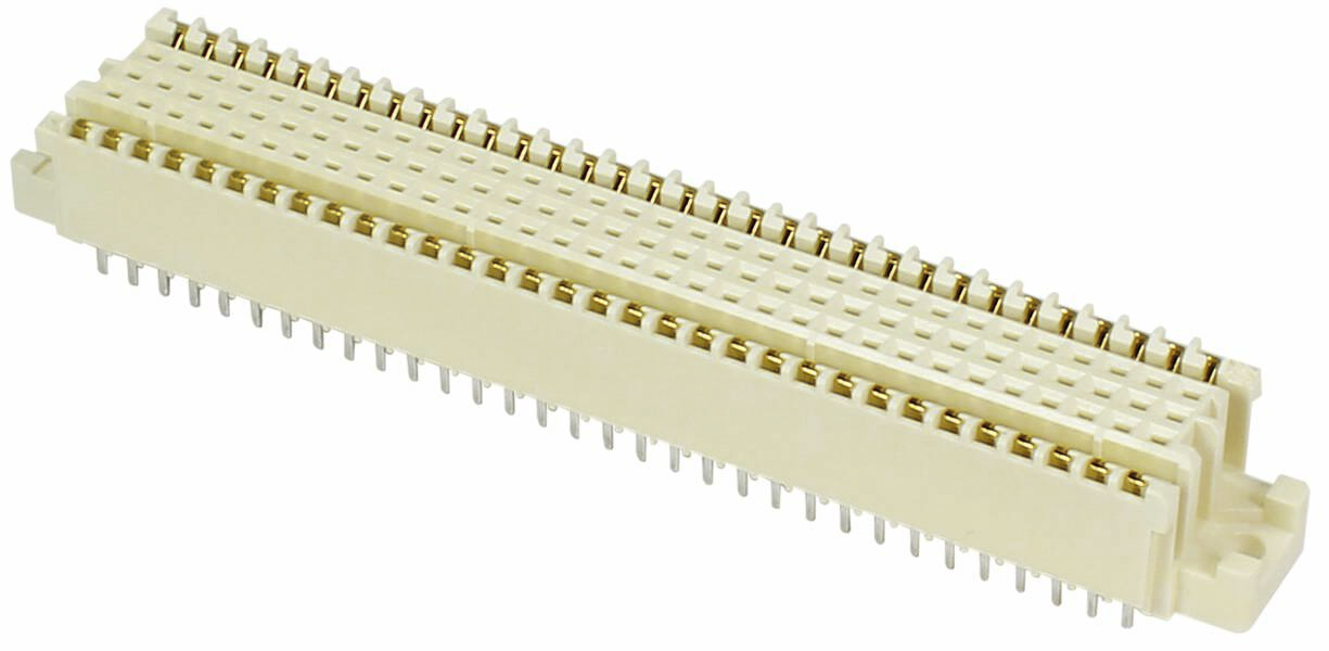 Ein beige Steckverbinder mit zwei Reihen von Metallstiften zur Verbindung elektronischer Komponenten.