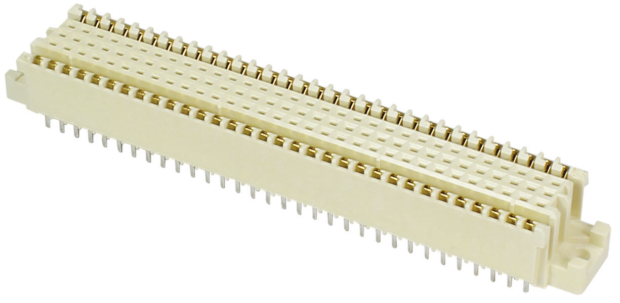 Ein beige Steckverbinder mit zwei Reihen von Metallstiften zur Verbindung elektronischer Komponenten.