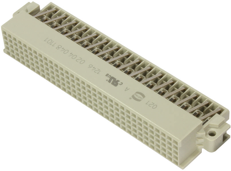 Ein beige-grauer elektrischer Steckverbinder mit mehreren Pins, geeignet für elektronische Schnittstellen.