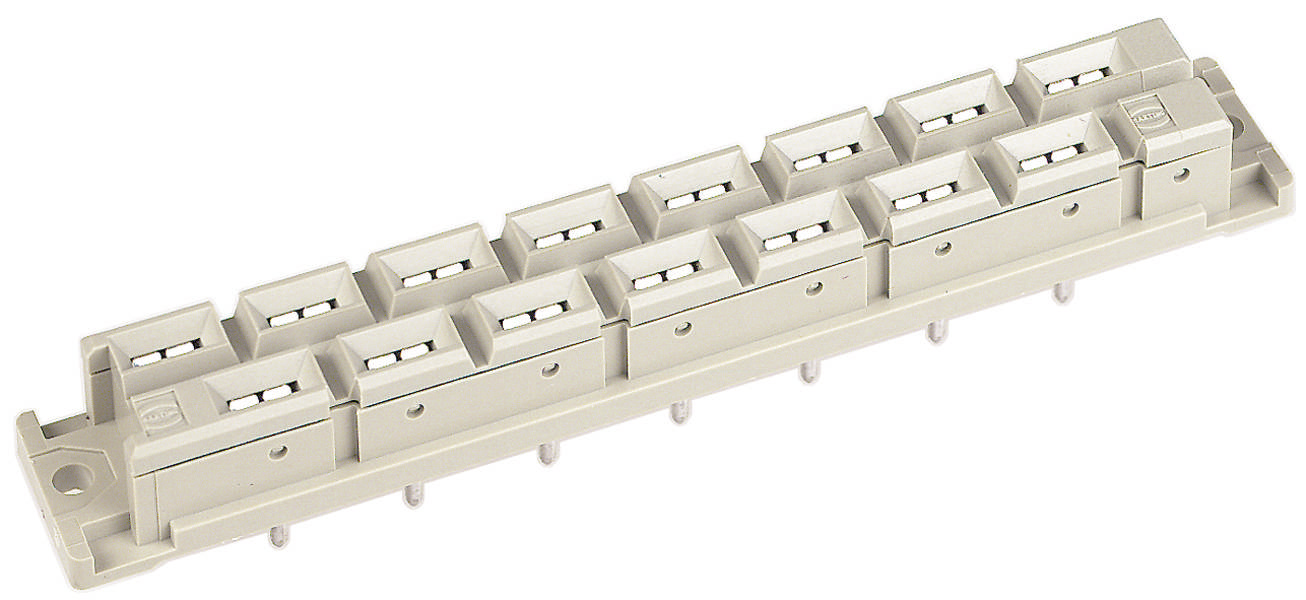 Ein rechteckiger, beige Steckverbinder mit mehreren Steckplätzen. Wird häufig in elektronischen Geräten zur Verbindung von Drähten verwendet.