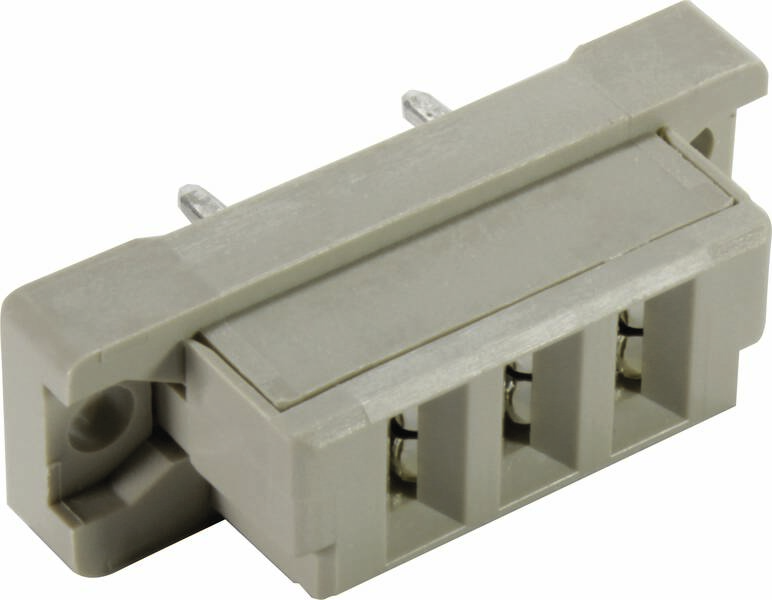 Graues elektrisches Steckverbindermodul mit vier Anschlusspunkten in einer rechteckigen Form, Drahtterminals sichtbar.