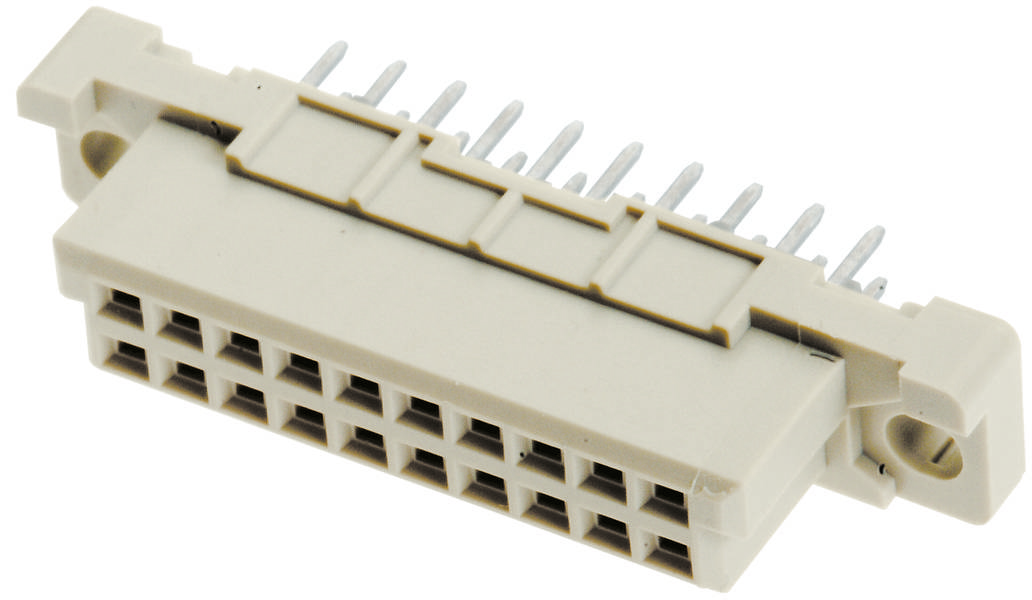 Ein beige Steckverbinder mit sechzehn Steckplätzen und Metallpins, typischerweise verwendet für elektronische Geräte und Platinenverbindungen.