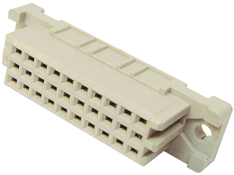 Ein beige Verbinder für Kabelanschluss, rechteckig mit mehreren Steckplätzen, seitlicher Befestigungspunkt sichtbar.