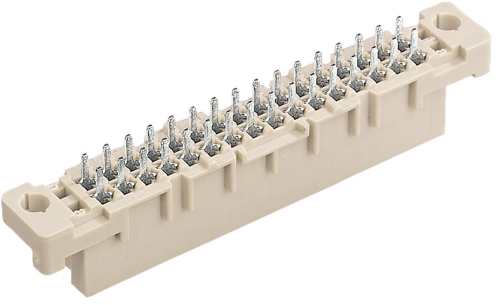 Ein rechtwinkliger Steckverbinder mit zwei Reihen silberner Pins in einem beigen Gehäuse, verwendet für elektronische Verbindungen.